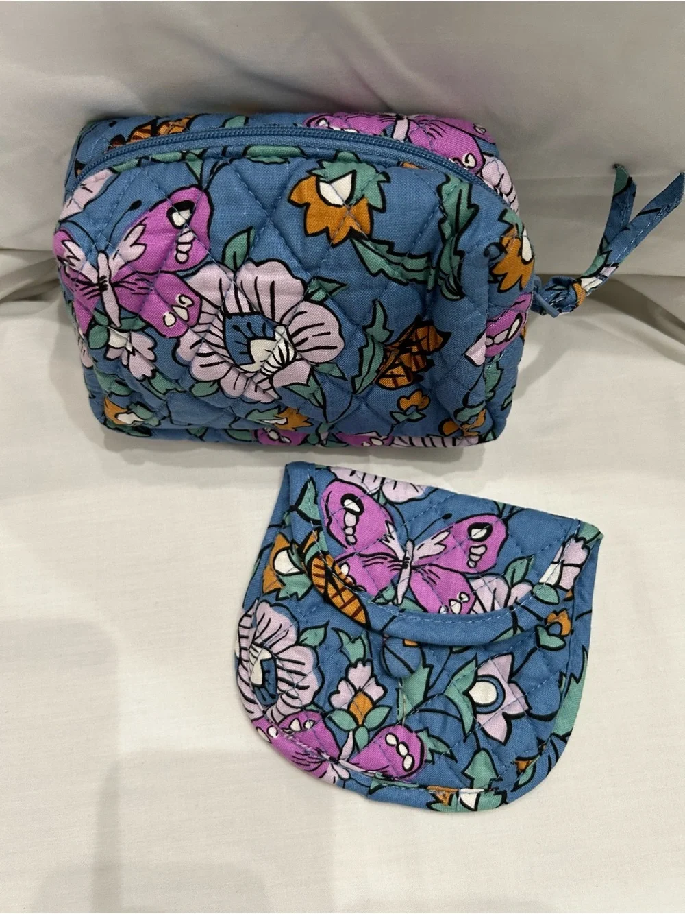 Quilted Floral Blue Cosmetic Pouch Set